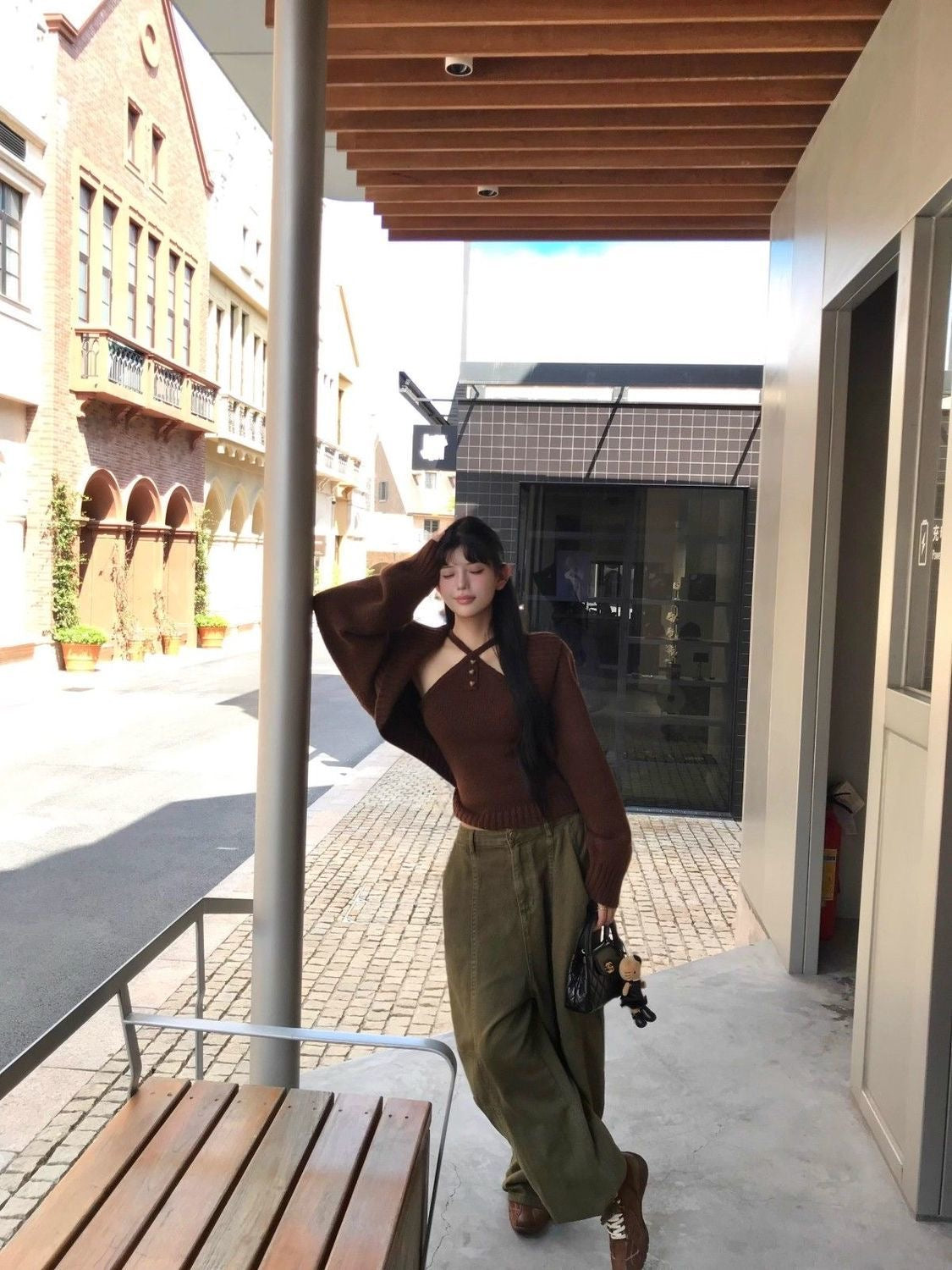 Brown Top + Cardigan Two Piece Set