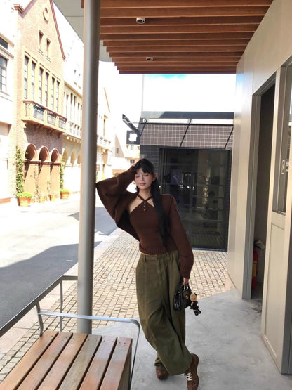 Brown Top + Cardigan Two Piece Set