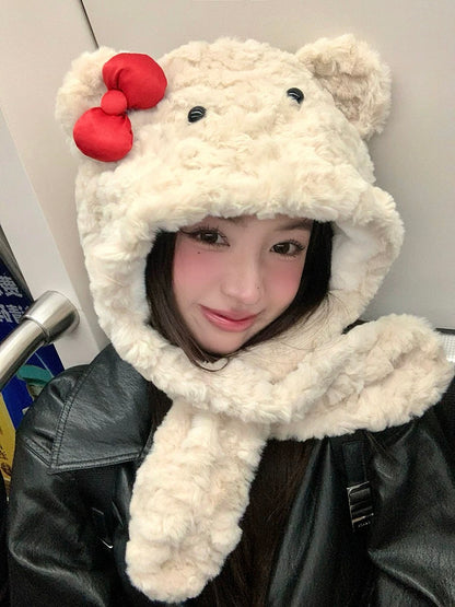 Red Bow Teddy Milktea Fuzzy Hat