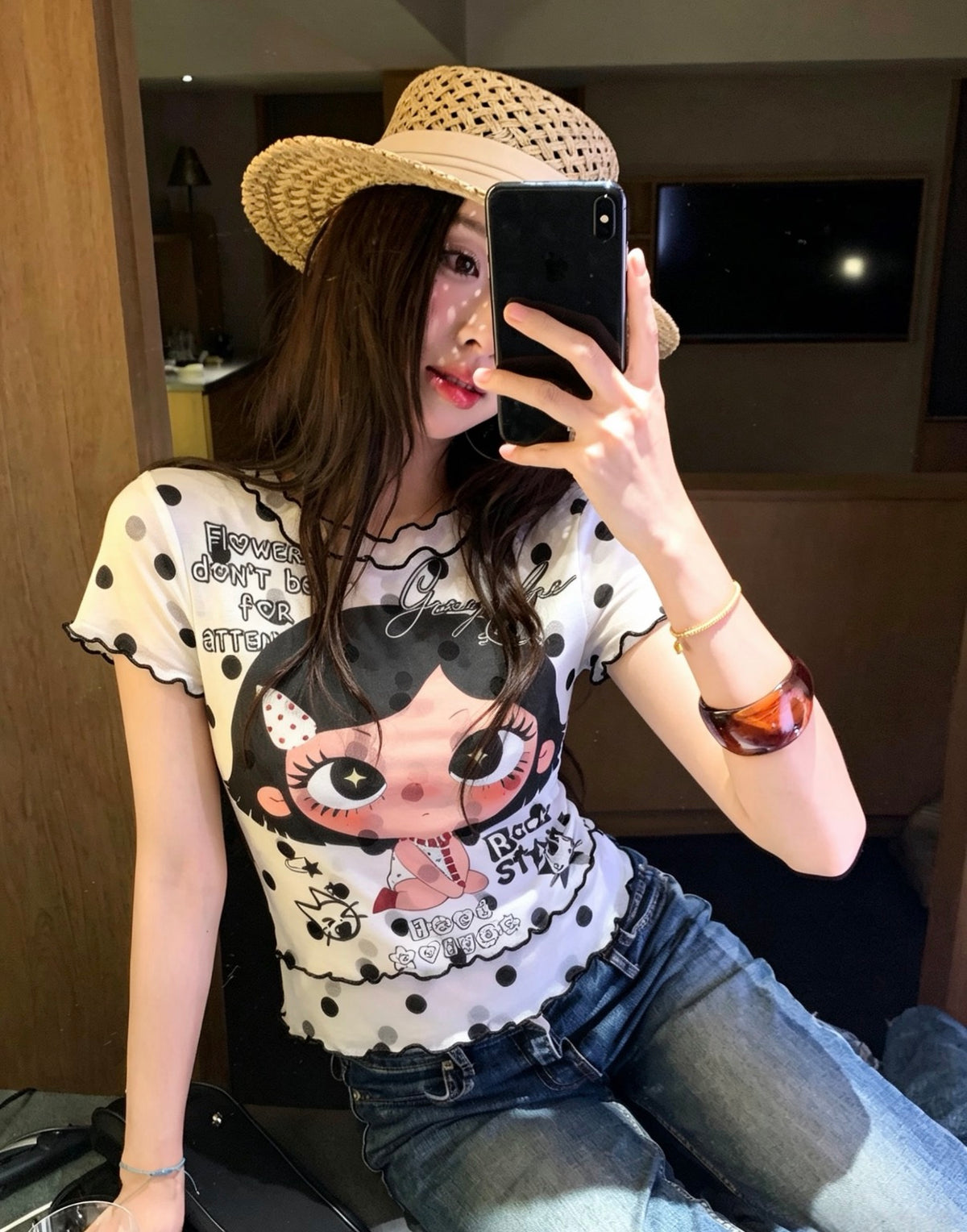 Black Dot White Mesh Top