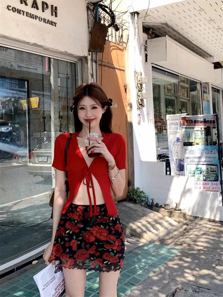 Red Short Sleeve Knitted Cardigan
