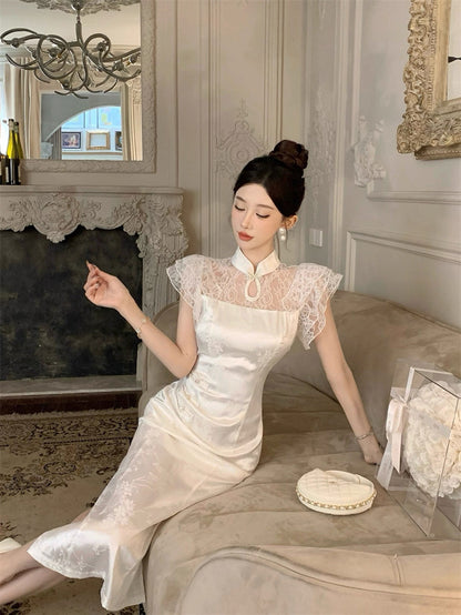 Lace Collar White Cheongsam CD001 Long Dress (S)