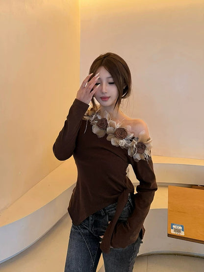 3D Chocolate Rose Off Shoulder Long Sleeve Top