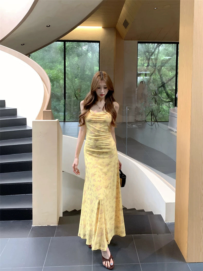 Mini Floral Yellow Mesh Maxi Dress