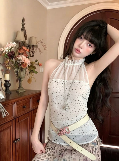 Polka Dot Top White Mix Mesh Top