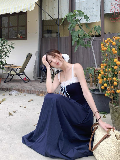 Laces Strap Navy Long Dress