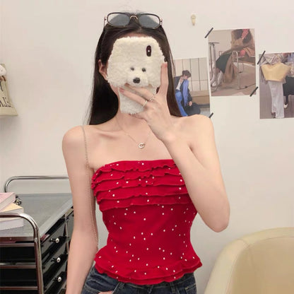 Red/White Dot White Tube Top T008