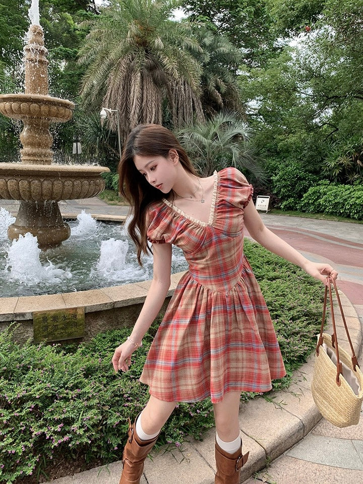 Red Grid Short Dress