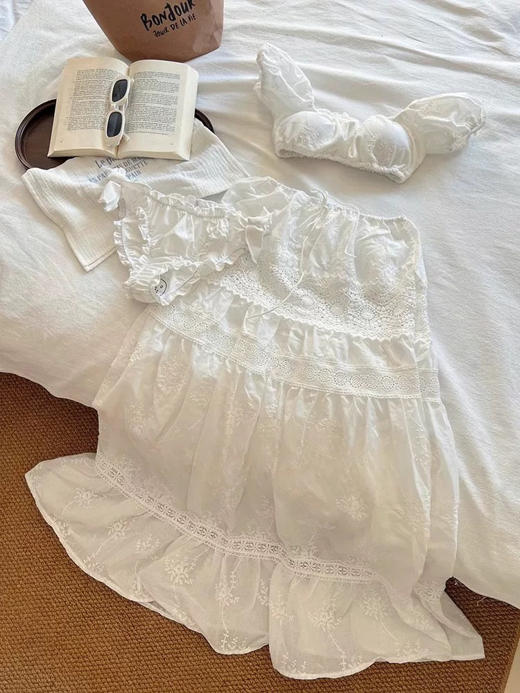 White Off Shoulder Crop Top Long Skirt Three Pieces Set