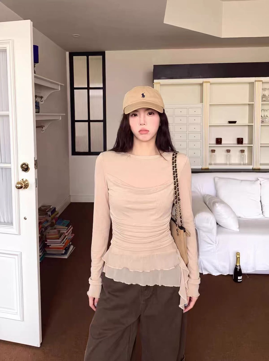 Nude / White Two Layered Mesh Long Sleeve Top
