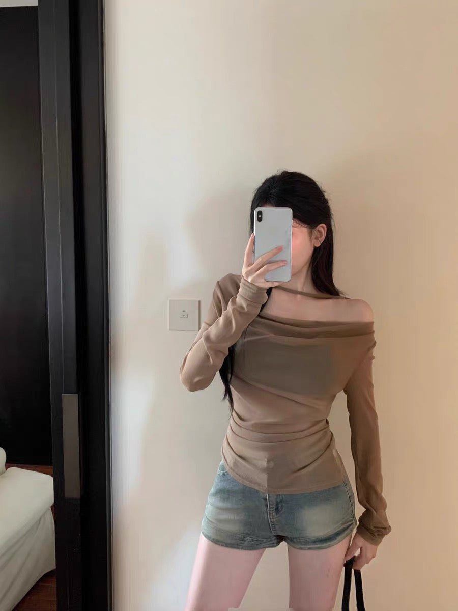 Mesh Off Side Shoulder Long Sleeve Top with tube