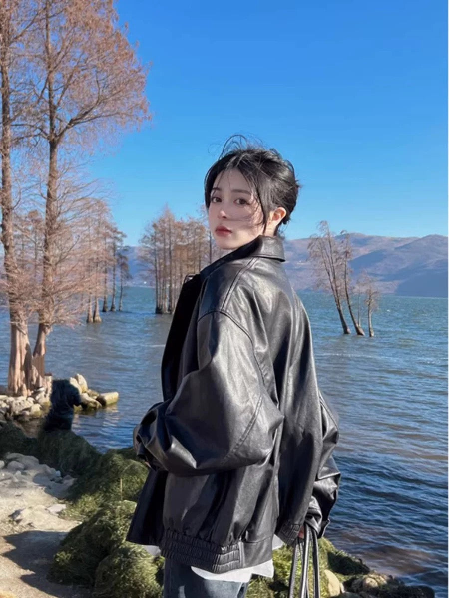 Thin PU Leather Oversize Jacket (Brown)