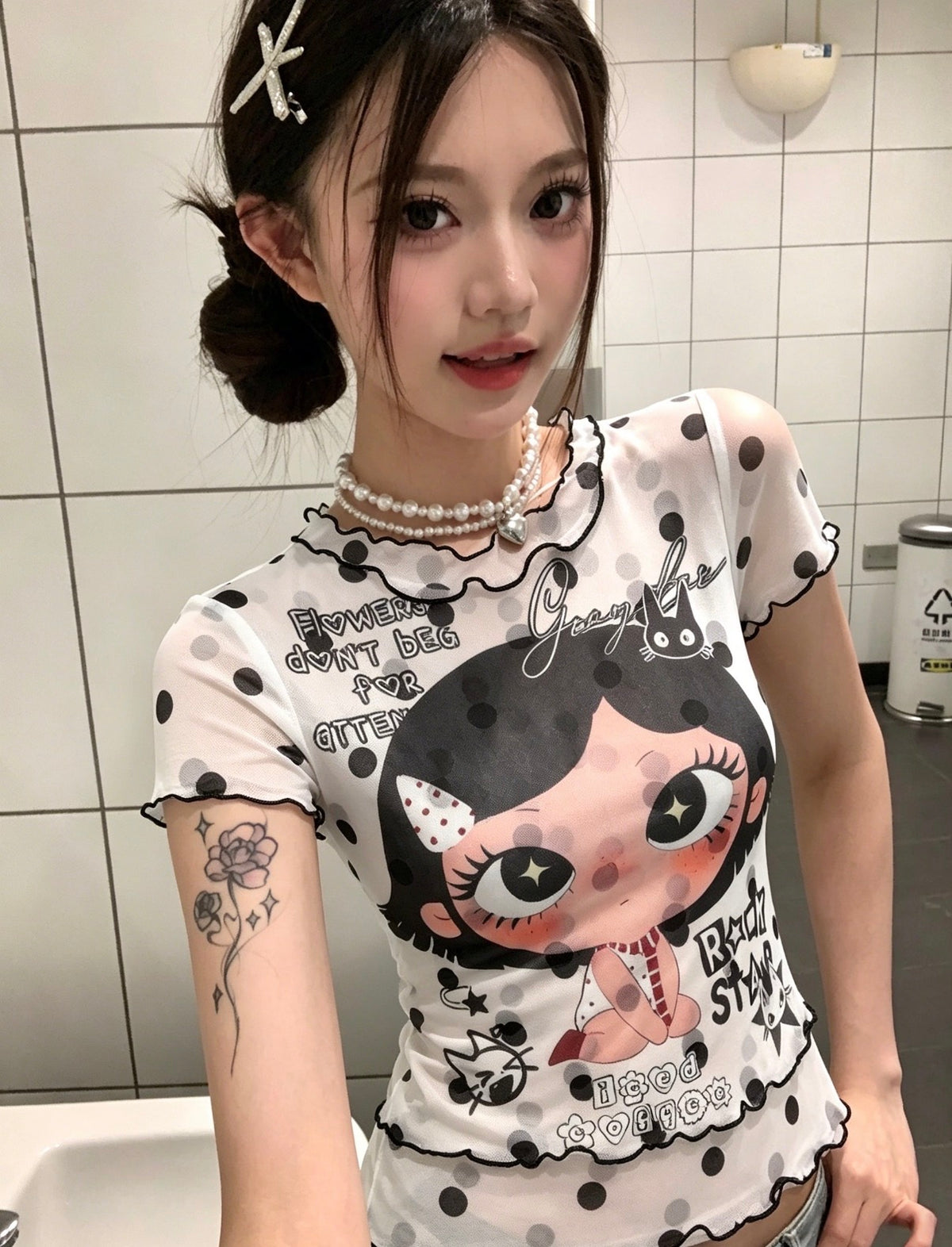 Black Dot White Mesh Top
