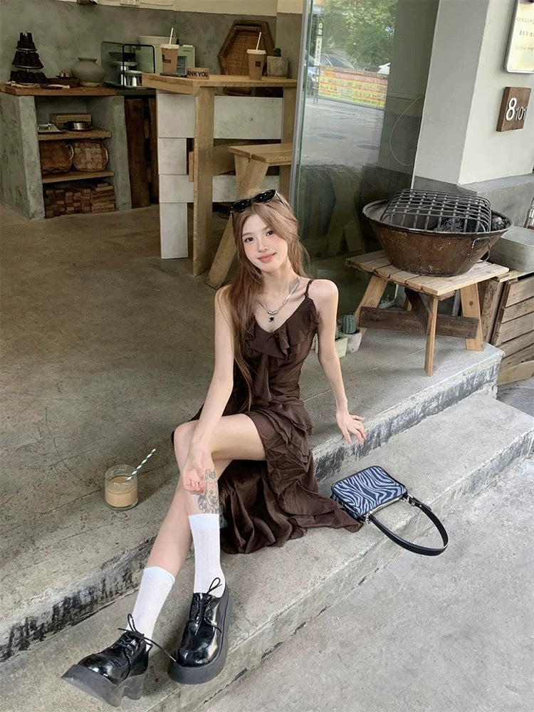 Chocolate Unequal Strap Dress (S)