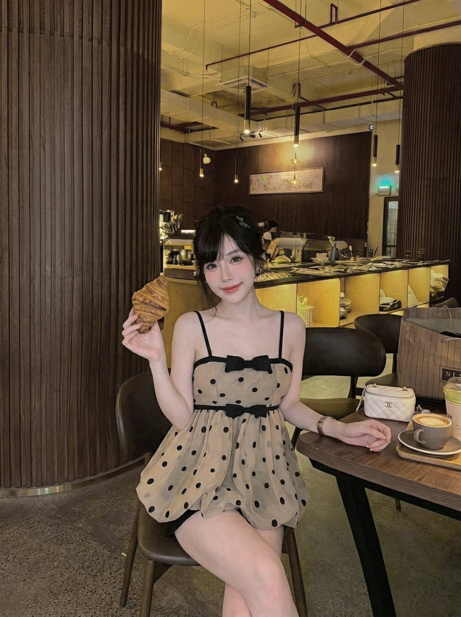 Polka Dot Strap Coffee Tube Top + Inner Shorts