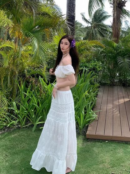 White Off Shoulder Crop Top Long Skirt Three Pieces Set