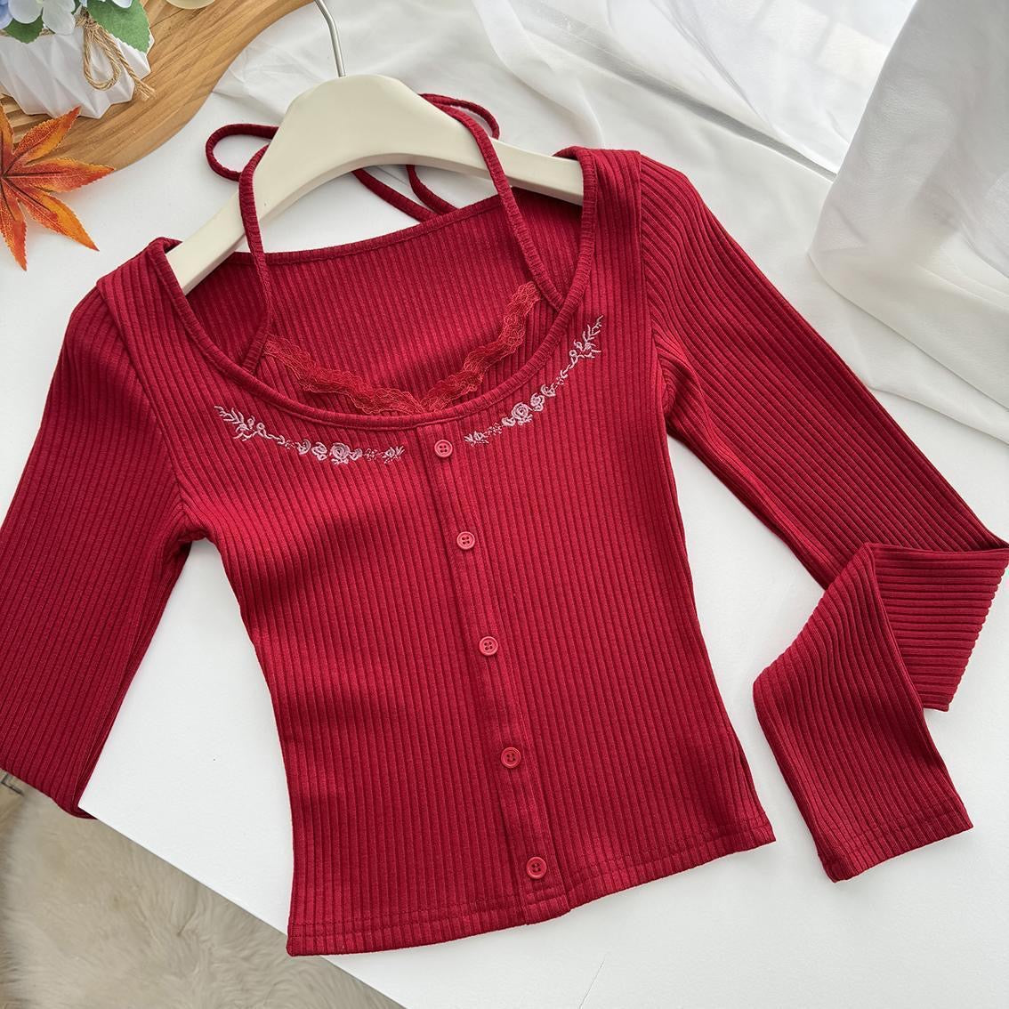 Knitted Long Sleeve Top with strap (Black, Red)