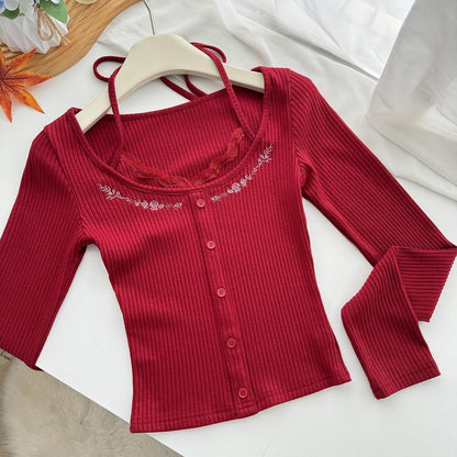 Knitted Long Sleeve Top with strap (Black, Red)