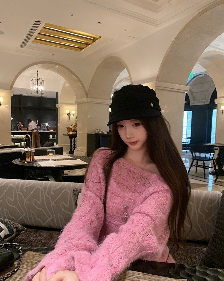 Off Shoulder Long Sleeve Pink Knitted Top