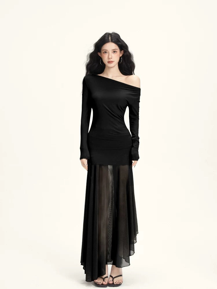 Off Shoulder Mix Mesh Long Sleeve Long Dress
