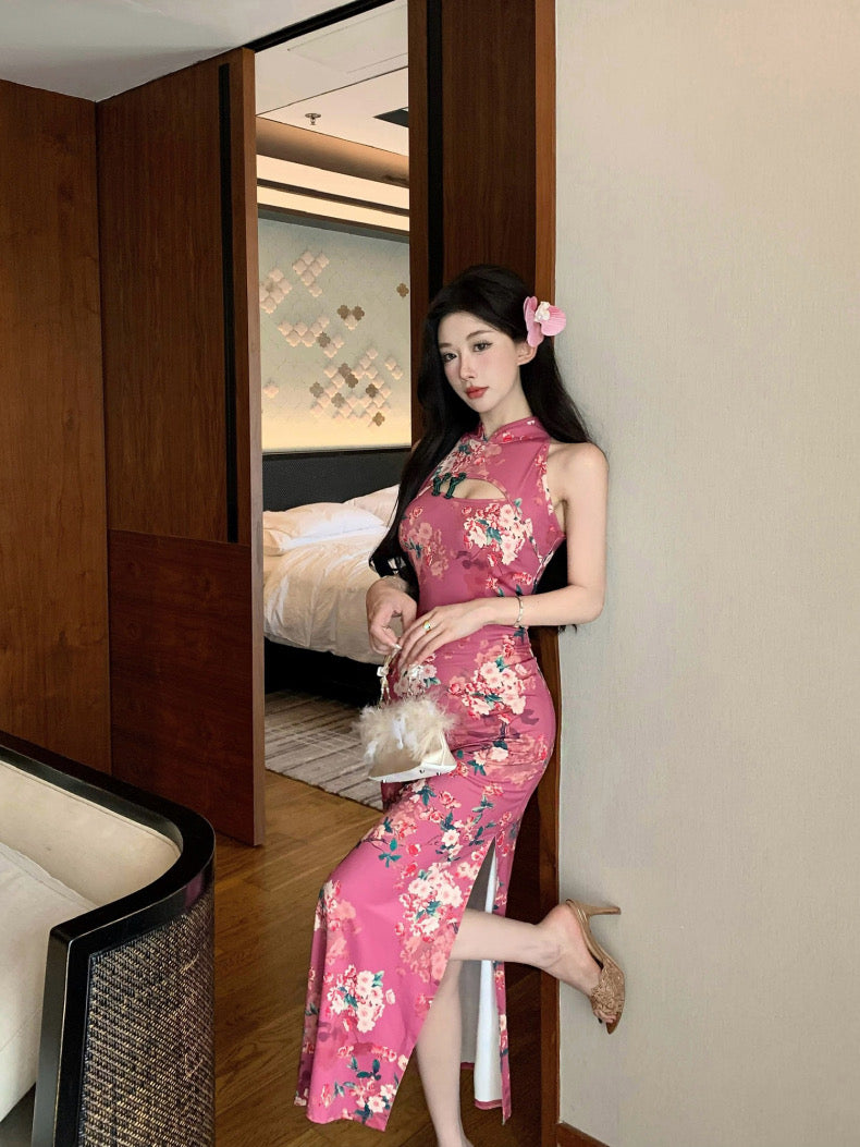 Floral pink Halter Collar Cheongsam Long Dress (S, M)