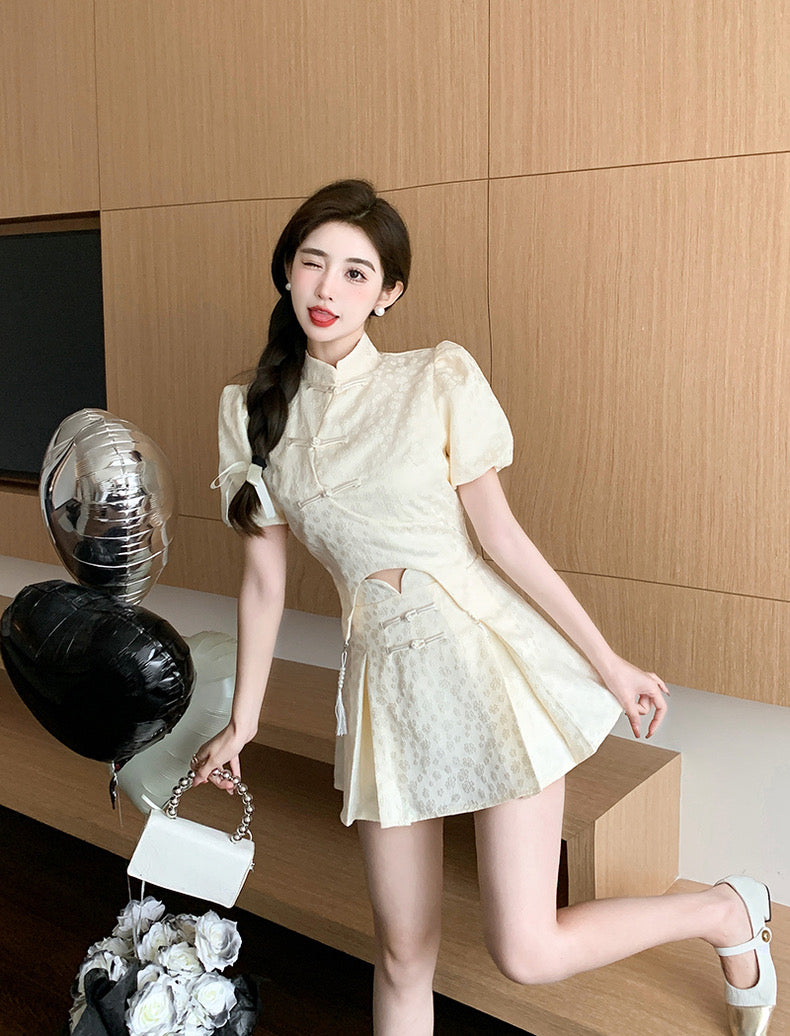 Beige Cheongsam Top + Skirt Two Piece Set (L)