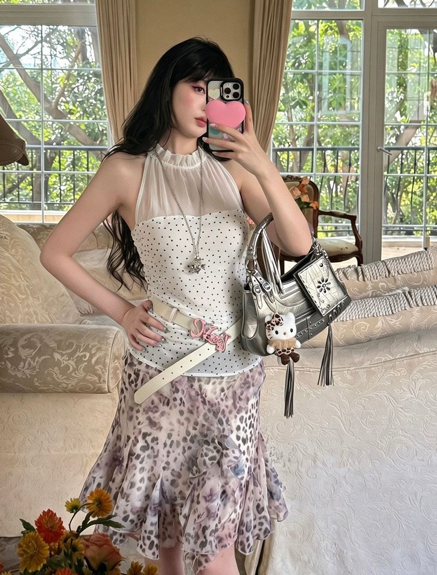 Polka Dot Top White Mix Mesh Top