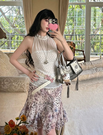 Polka Dot Top White Mix Mesh Top