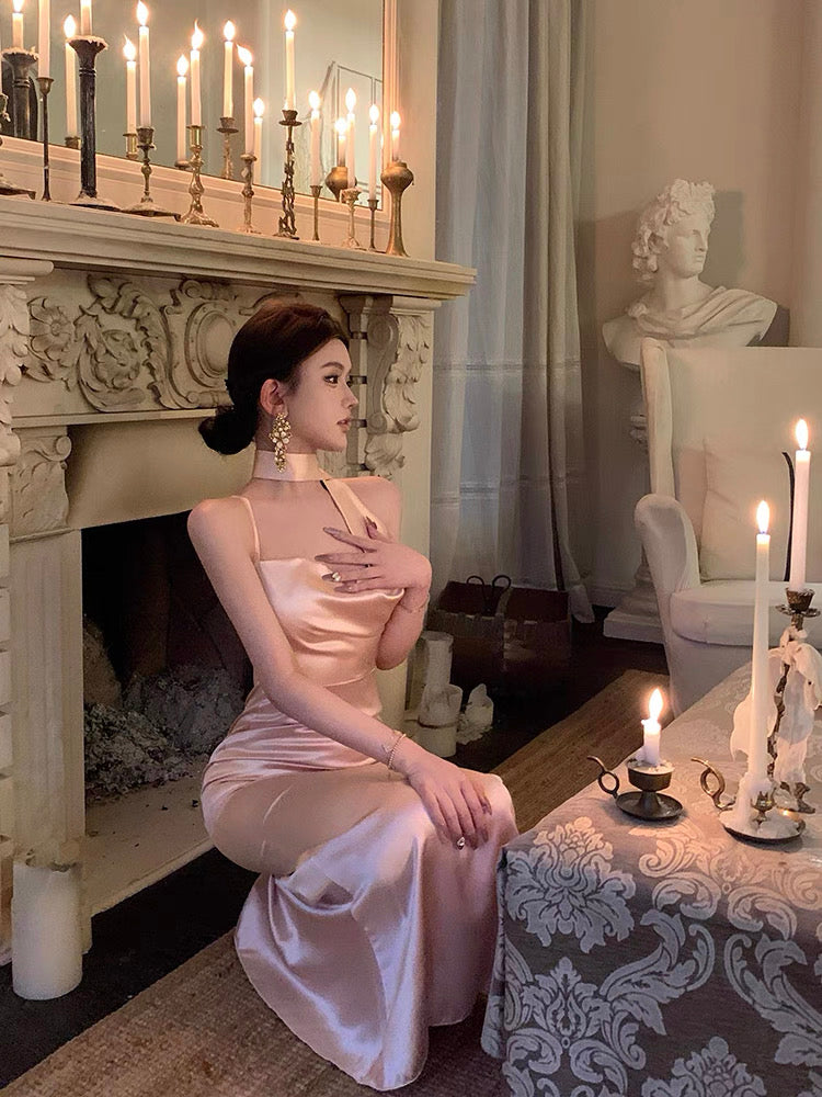 Silky Champagne Side Collae Long Dress (S)