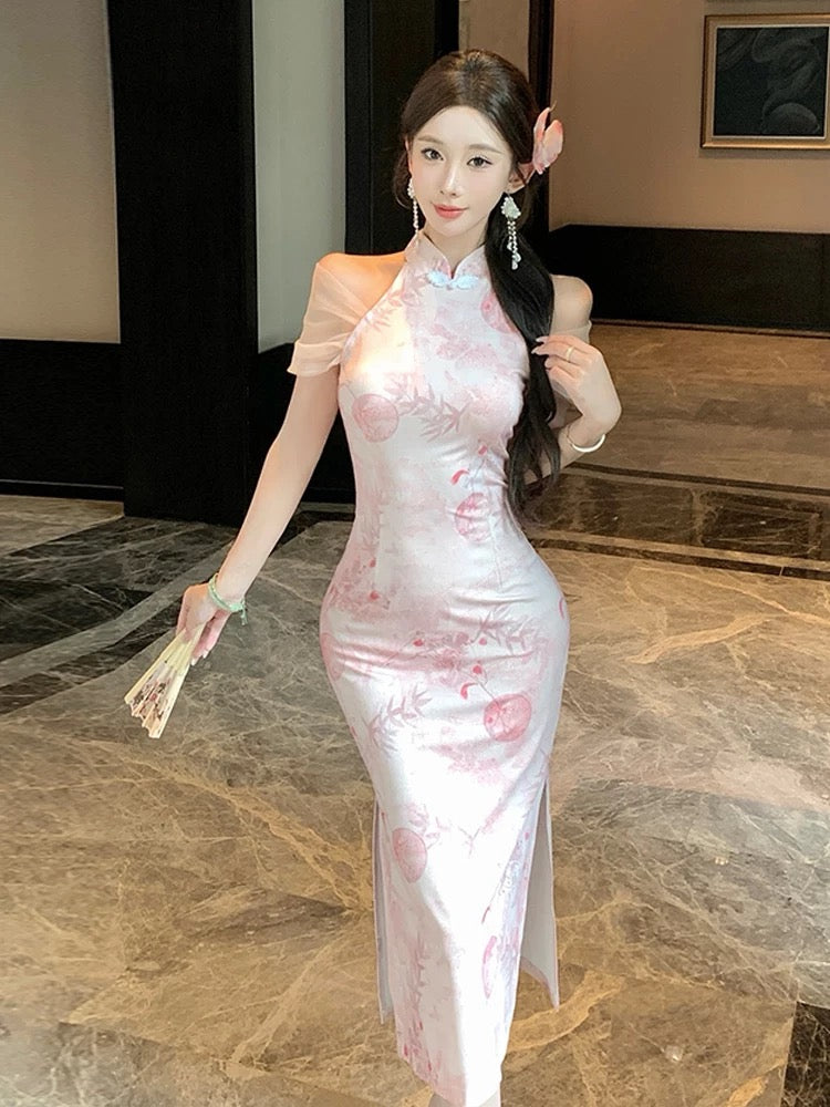 Pink Mesh Sleeve Cheongsam CD016 Long Dress (M）