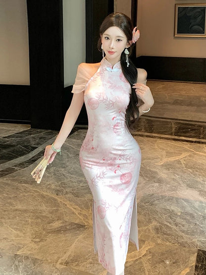 Pink Mesh Sleeve Cheongsam CD016 Long Dress (M）