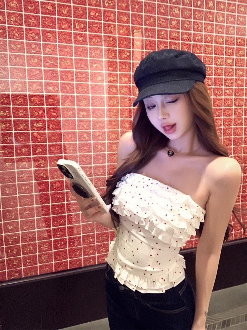 Red/White Dot White Tube Top T008