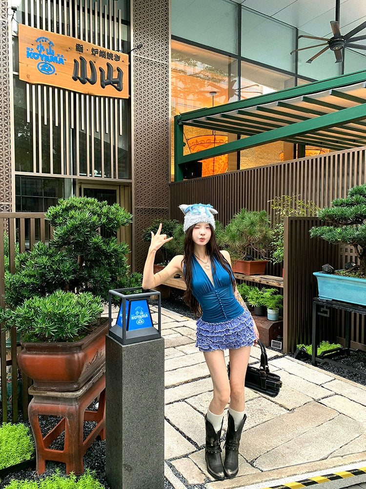 Round Neck V Collar Blue Top