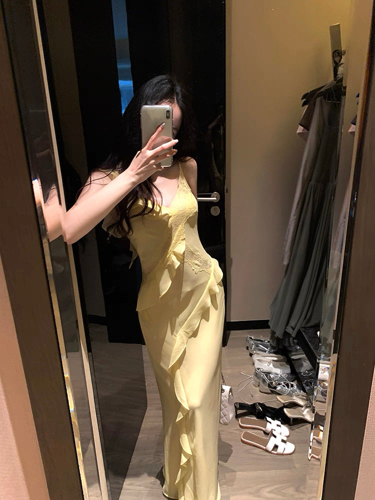 Side Flare Strap Mix Lace Long Dress (Yellow, Black)