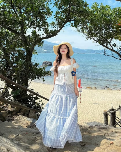 White Top + Blue Long Skirt Two Piece Set