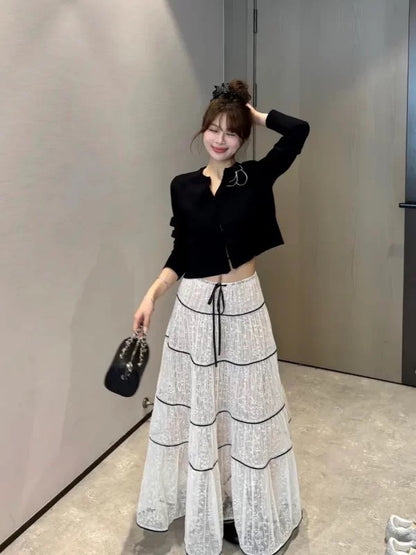 White Laces Black Ribbon Long Skirt SK31