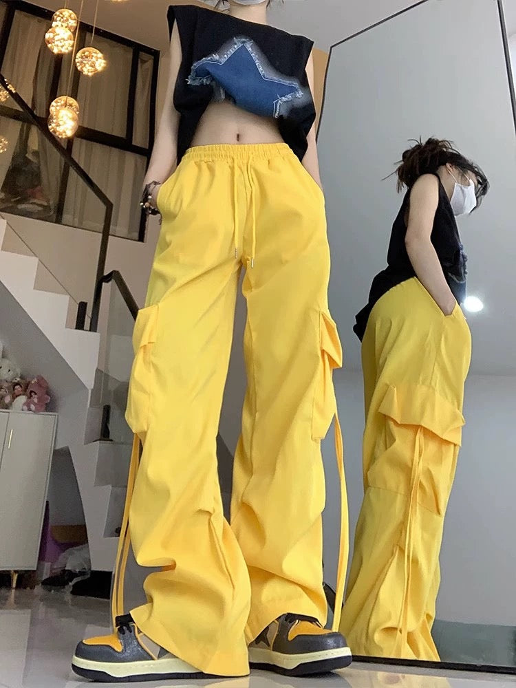 Cargo High Waist Long Pants (Blue, Yellow, Beige)