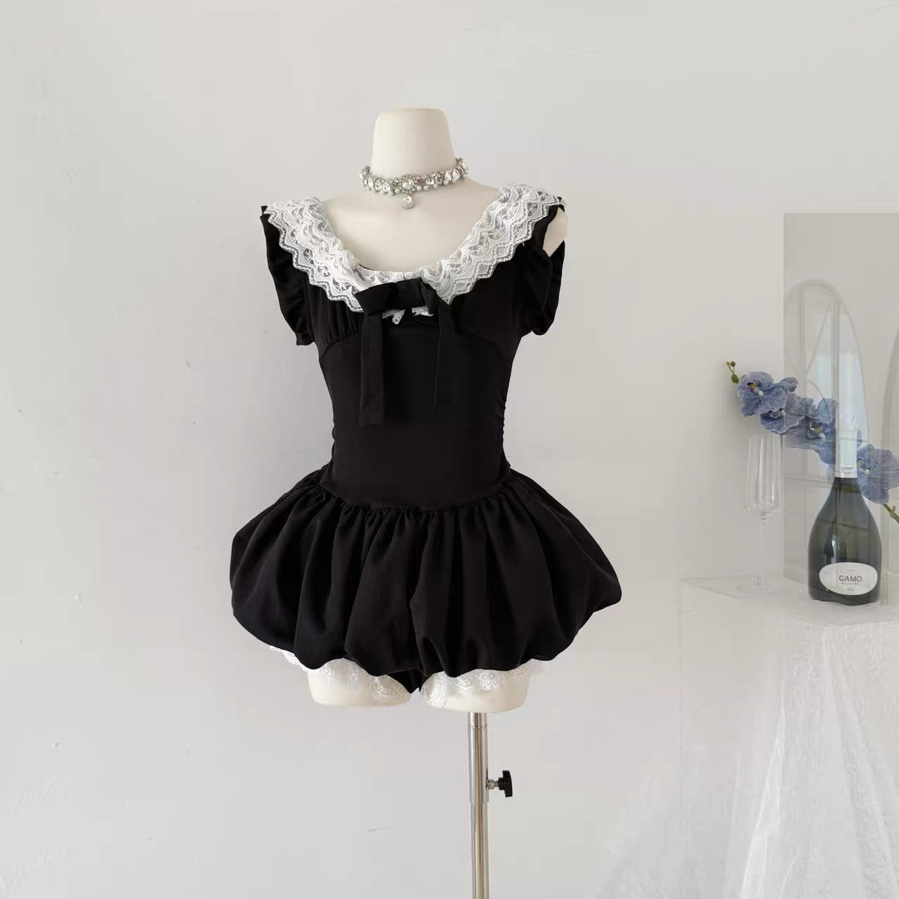White Lace Collar Black Dress + Shorts Two Piece Set