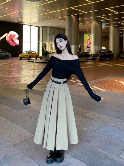 Brown High Waist Long Skirt With Belt