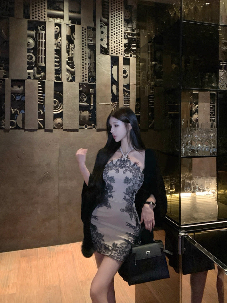 Black Lace Khaki Dress