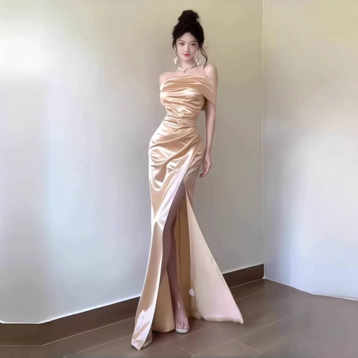 Silky Champagne Off Shoulder Maxi Long Dress (S)