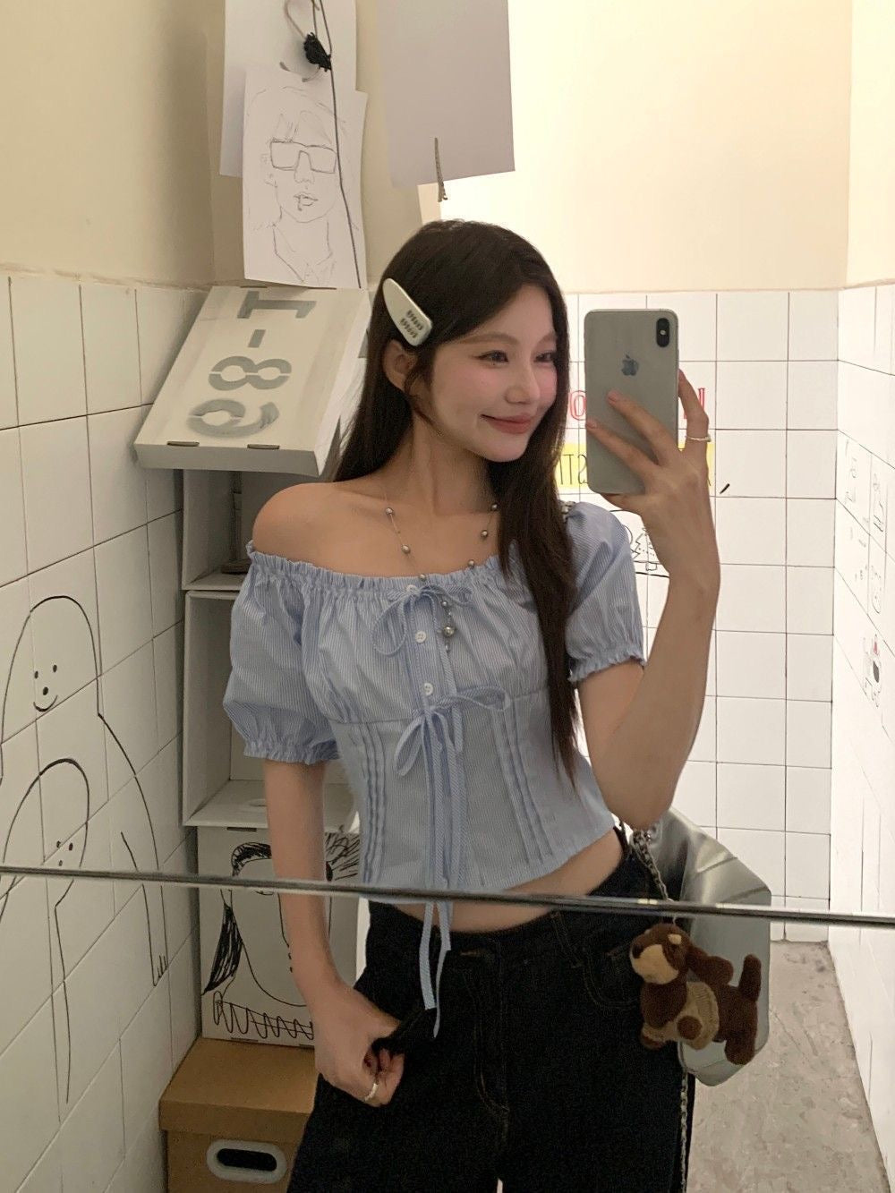 Puff Sleeve Stripe Blue Top