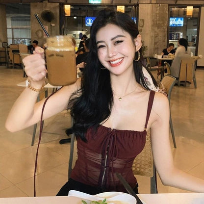 Strap Mesh Top (Black, Wine Red)