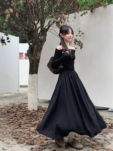 Off Shoulder Black Long Sleeve Long Dress (L)