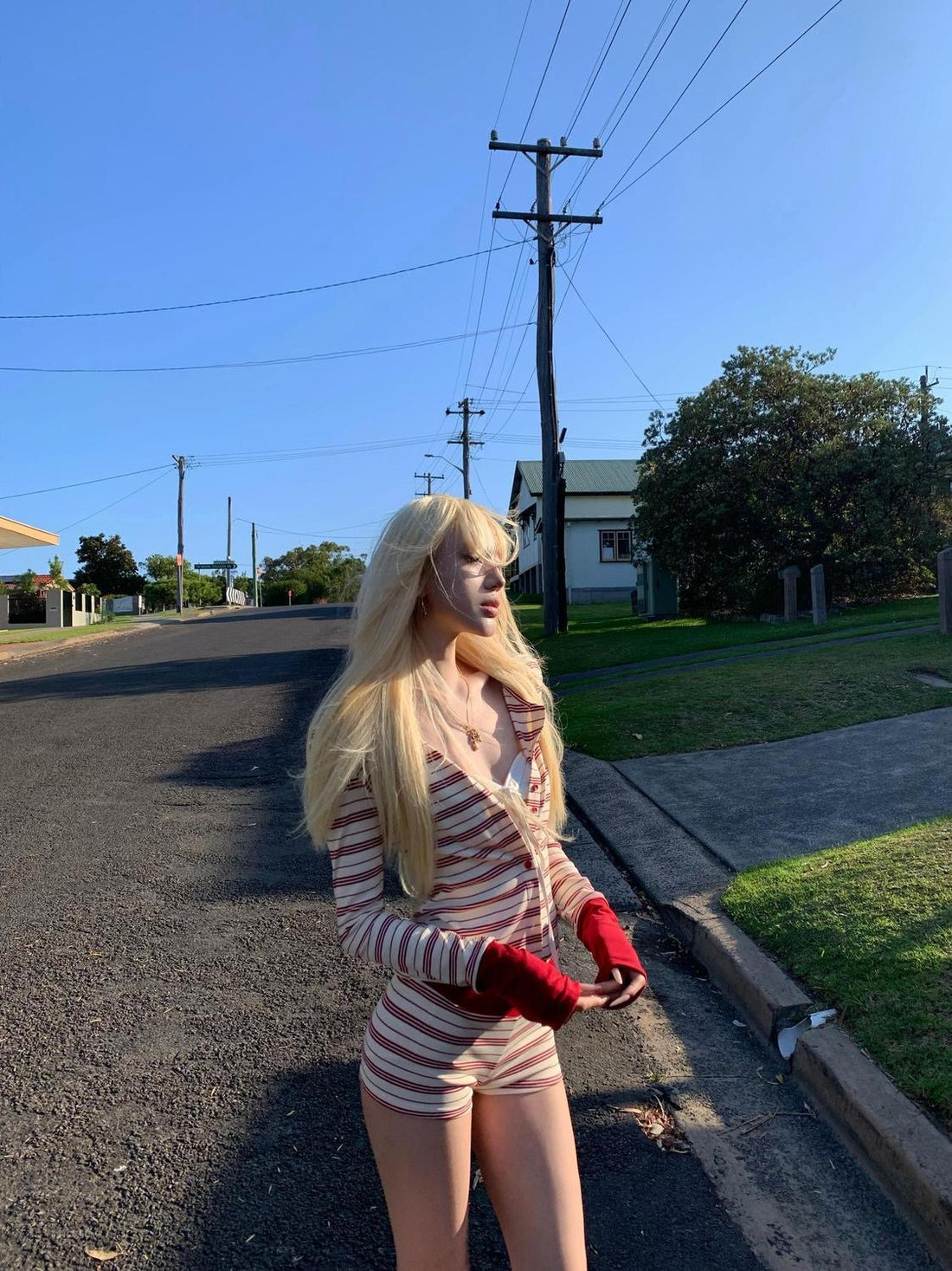 Red Stripe Top + Shorts Two Pieces Set