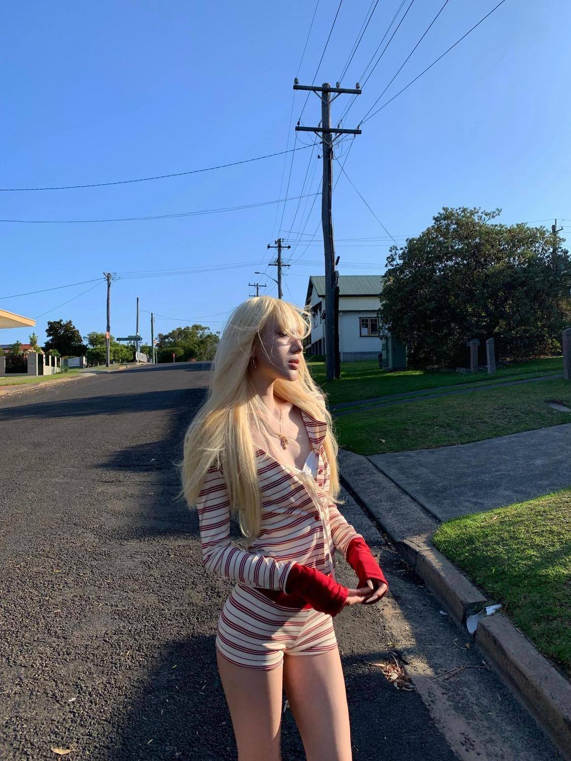 Red Stripe Top + Shorts Two Pieces Set
