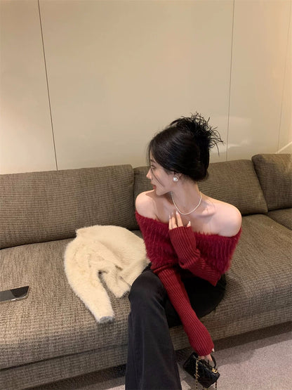 Off Shoulder Long Sleeve Knitted Top (Wine Red)