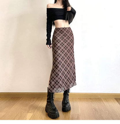 Vintage Grid Mesh Long Skirt (S,M)