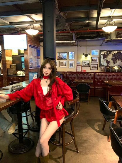 V Collar Lantern Sleeve Thin Top (Black, Red)