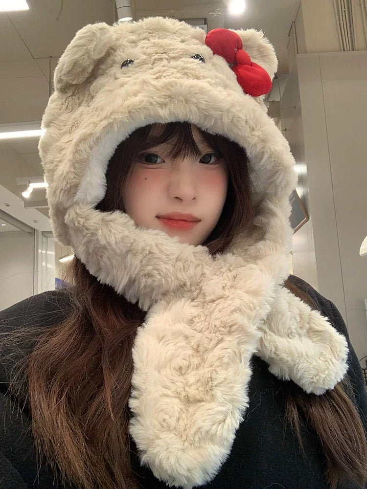 Red Bow Teddy Milktea Fuzzy Hat